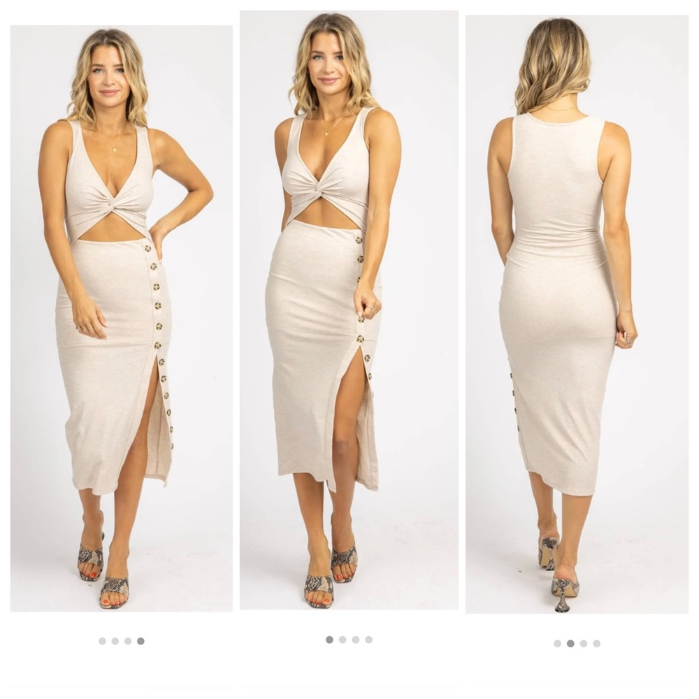 Fore Collection Beige Front Cutout Button Midi Dress